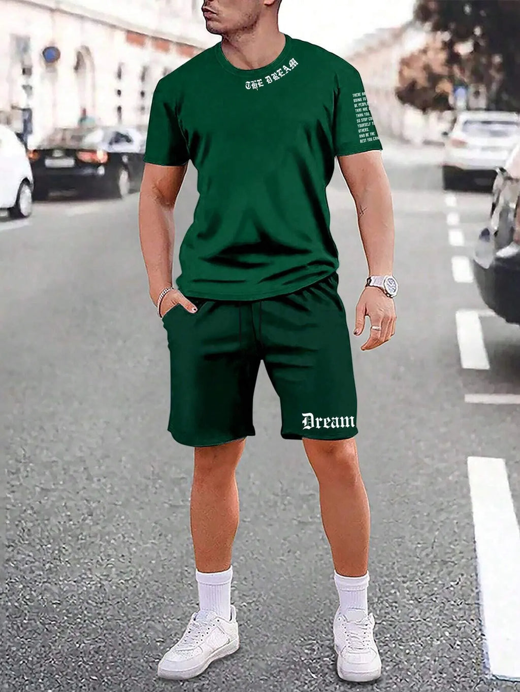 Men's printed polyester blend short sleeve top and matching shorts casual sports set