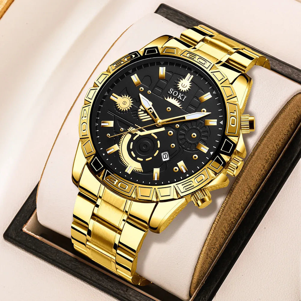 Men's gold business quartz watch with stainless steel strap and 10mm slim case