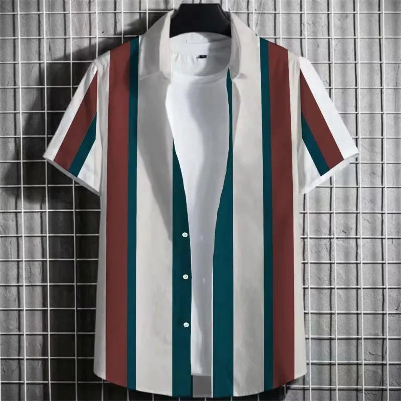 Men's striped linen short sleeve T-shirt with a 3D printed pattern in a solid colour.