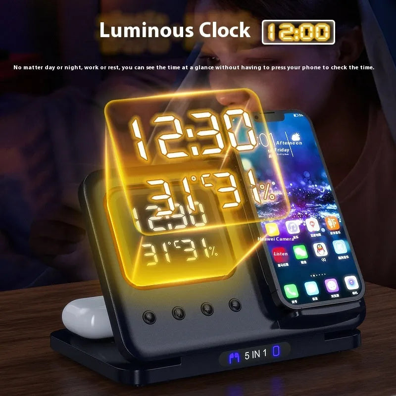 Black and white wireless charging station with LED digital display showing time temperature humidity