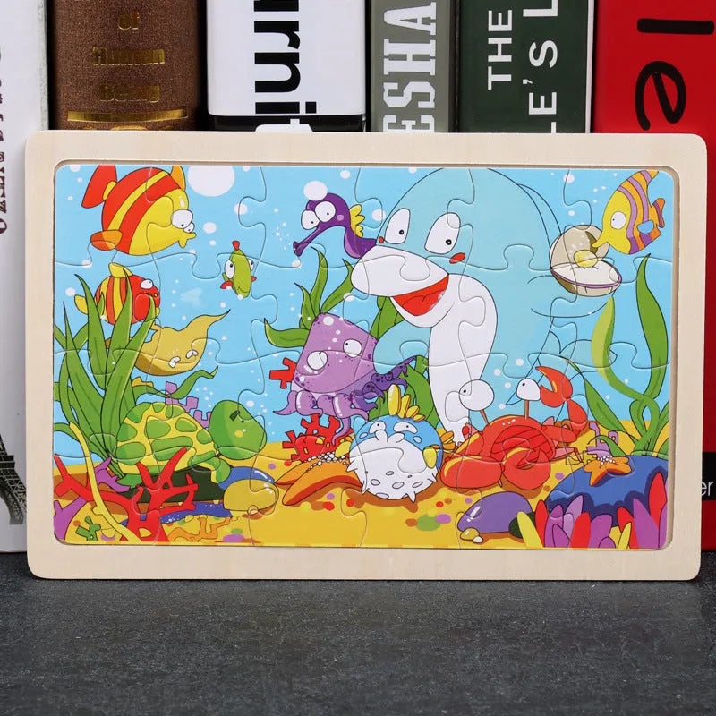 80-piece wooden animal puzzle set in iron box, designed for children aged 3 and over, featuring bear and riding themes