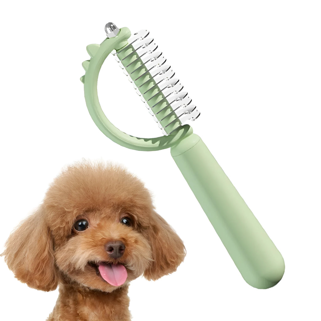 Blue dinosaur-shaped self-cleaning cat brush with double-sided stainless steel bristles