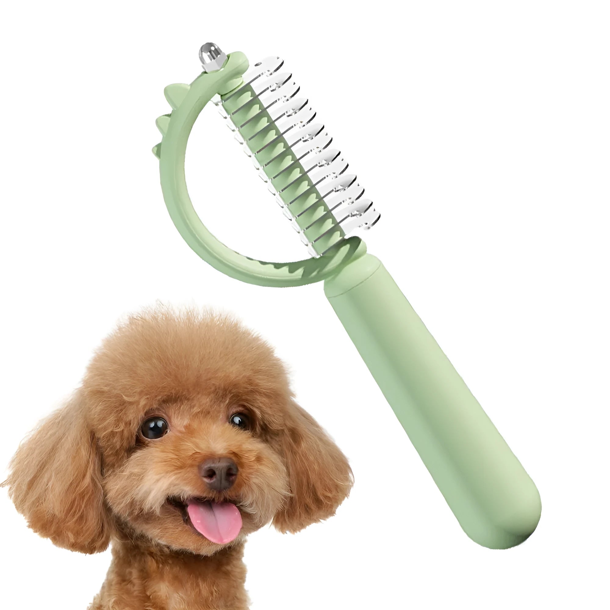 Blue dinosaur-shaped self-cleaning cat brush with double-sided stainless steel bristles