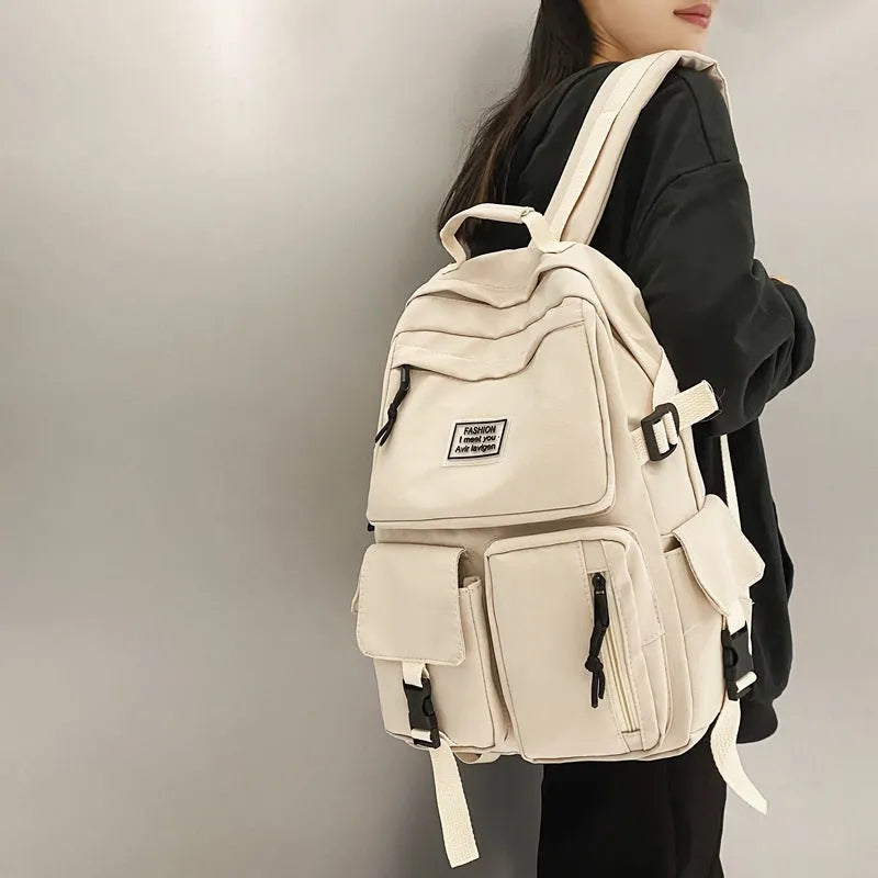 31cm black and white nylon student backpack with computer compartment and outer pockets