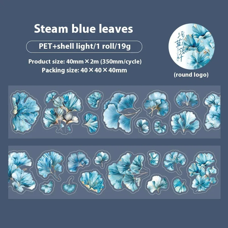 Roll of PET decorative stickers showing six botanical colour designs with 40mm width and 2m length dimensions