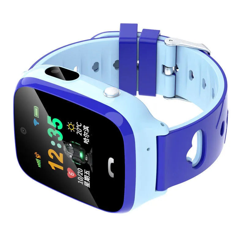 Blue children's smartwatch phone with touchscreen showing time, on a silicone wristband.