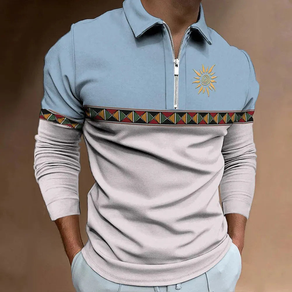 Men's loose fit retro printed golf t-shirt with stripe pattern and zipper decorations on long sleeves