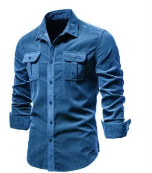 Men's casual linen longsleeve shirt shown in multiple colour options with size label