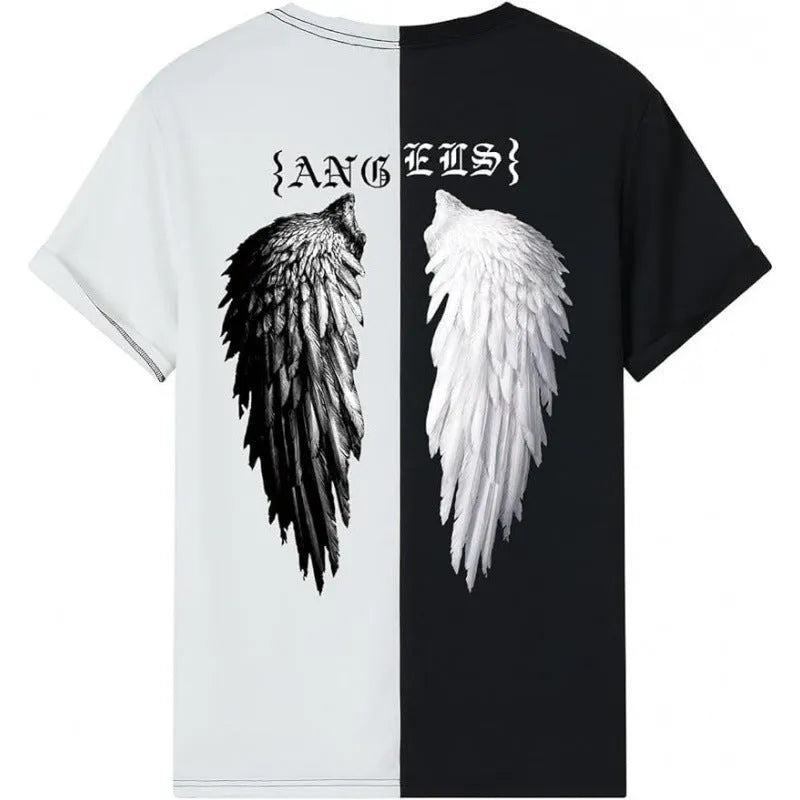Men's short-sleeved printed street t-shirt on a hanger, showing digital print pattern on polyester fabric.