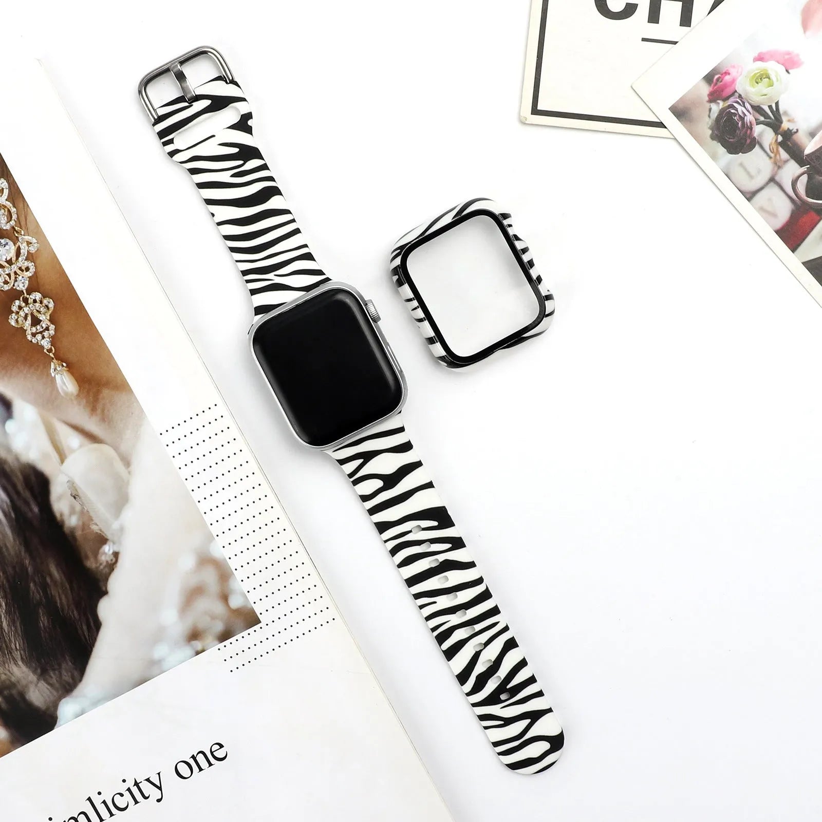 Printed silicone replacement strap for Apple iWatch models showing multiple design options and size selections.