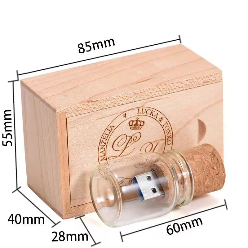 Transparent bottle-shaped USB flash drive with bamboo wood stopper showing drift bottle design