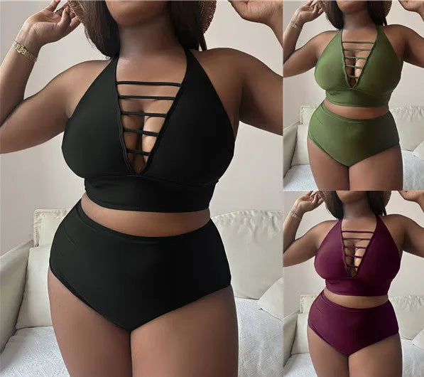 Plus size black halter bikini with cross back design and high waist briefs on mannequin