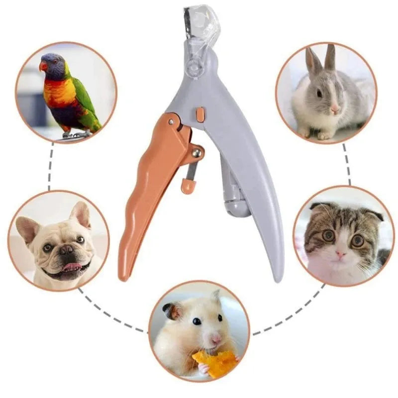 Yellow pet nail clipper for dogs and cats with LED light, magnifying lens, safety guard, and non-slip grip.