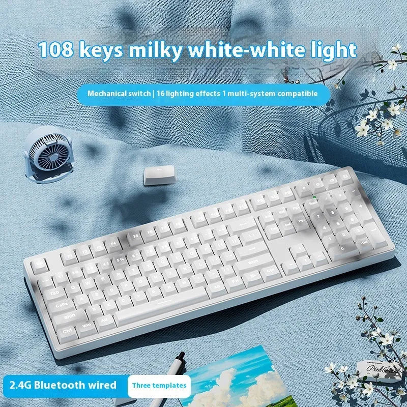 Wireless mechanical keyboard with three connection modes, shown in a choice of 87-key or 108-key layouts and various colour themes.