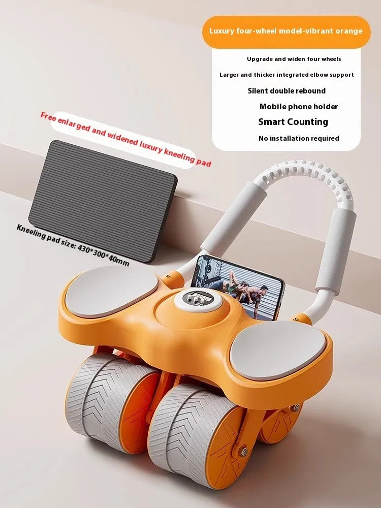 Abdominal exercise wheel with elbow support pad and automatic rebound mechanism