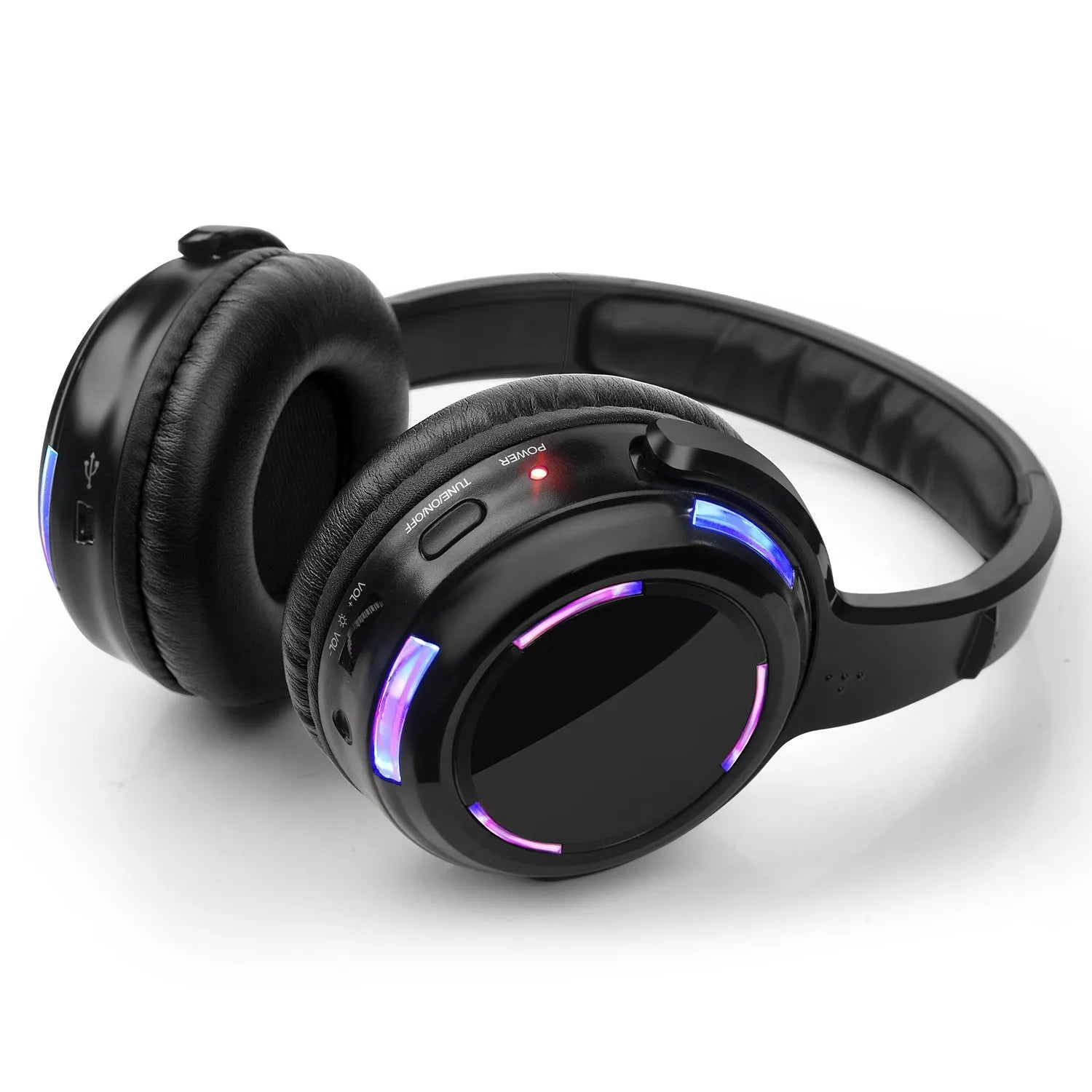 Black silent disco headphones with 40mm speakers and charging cable for wireless group listening