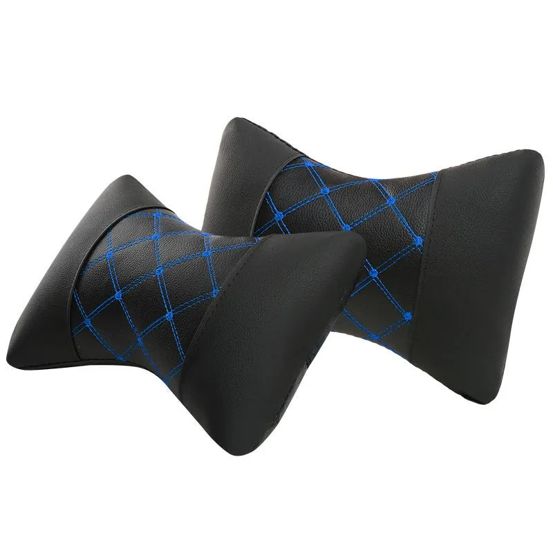 Black leather quilted car headrest pillow for neck support with diamond pattern stitching.