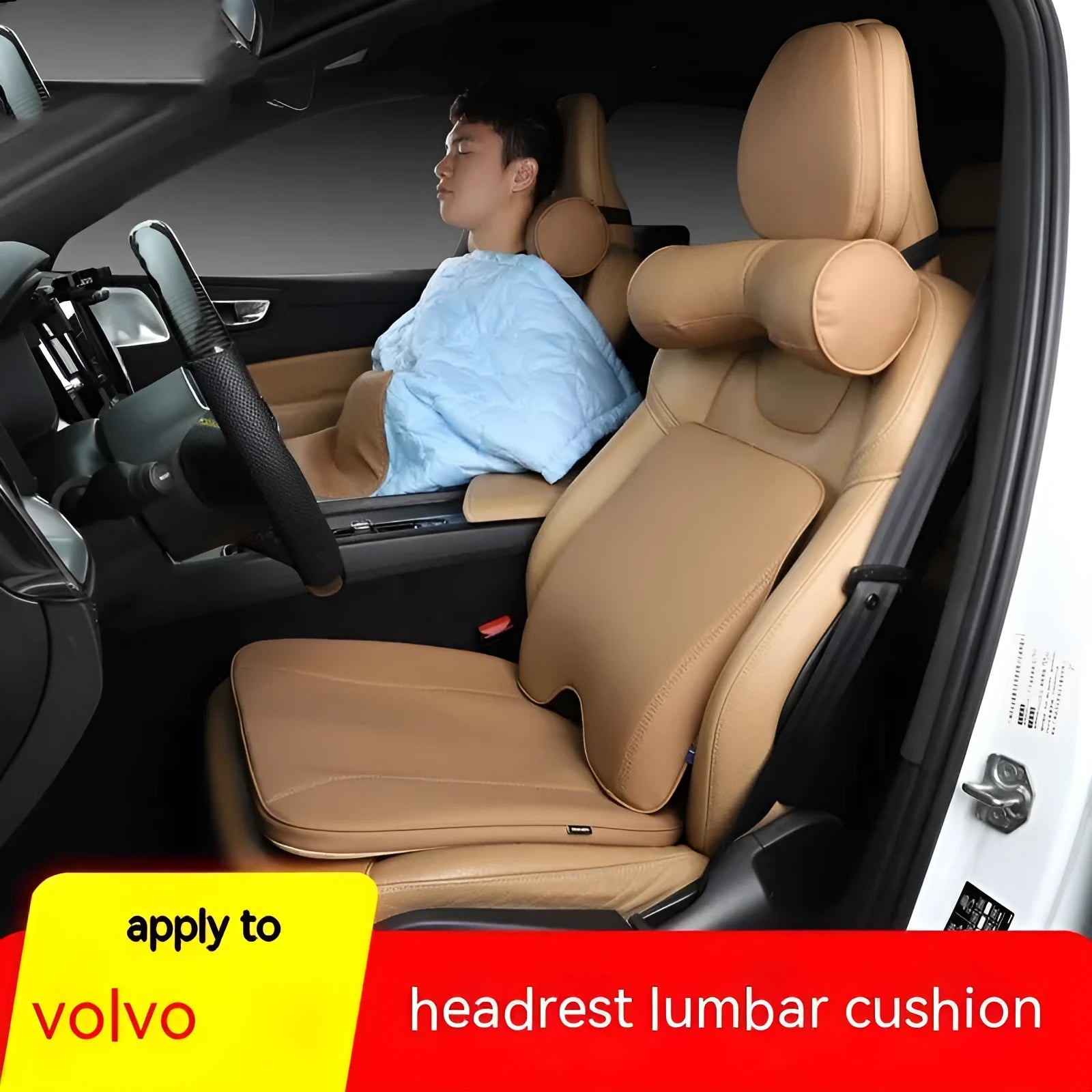 Volvo car headrest cushion and lumbar support pillow set in minimalist design with synthetic fibre filling
