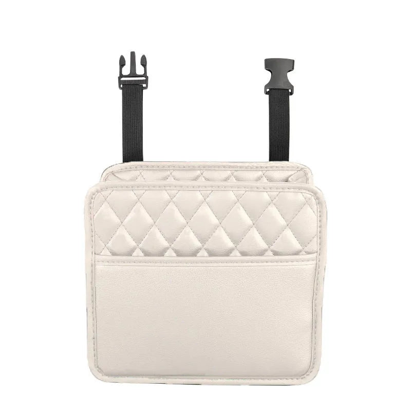 Leather car hanging storage bag in black showing 25cm compact design for vehicle interior organisation