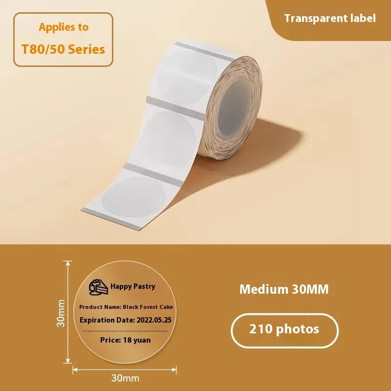 Pack of transparent waterproof adhesive label stickers in various rectangular and round sizes on a sheet.