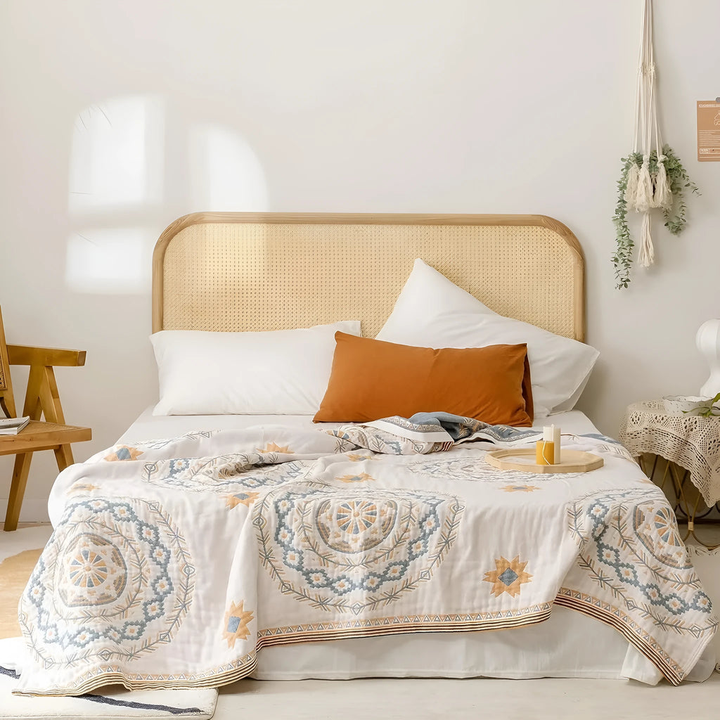 Geometric pattern cotton towel blanket shown in modern simplicity style