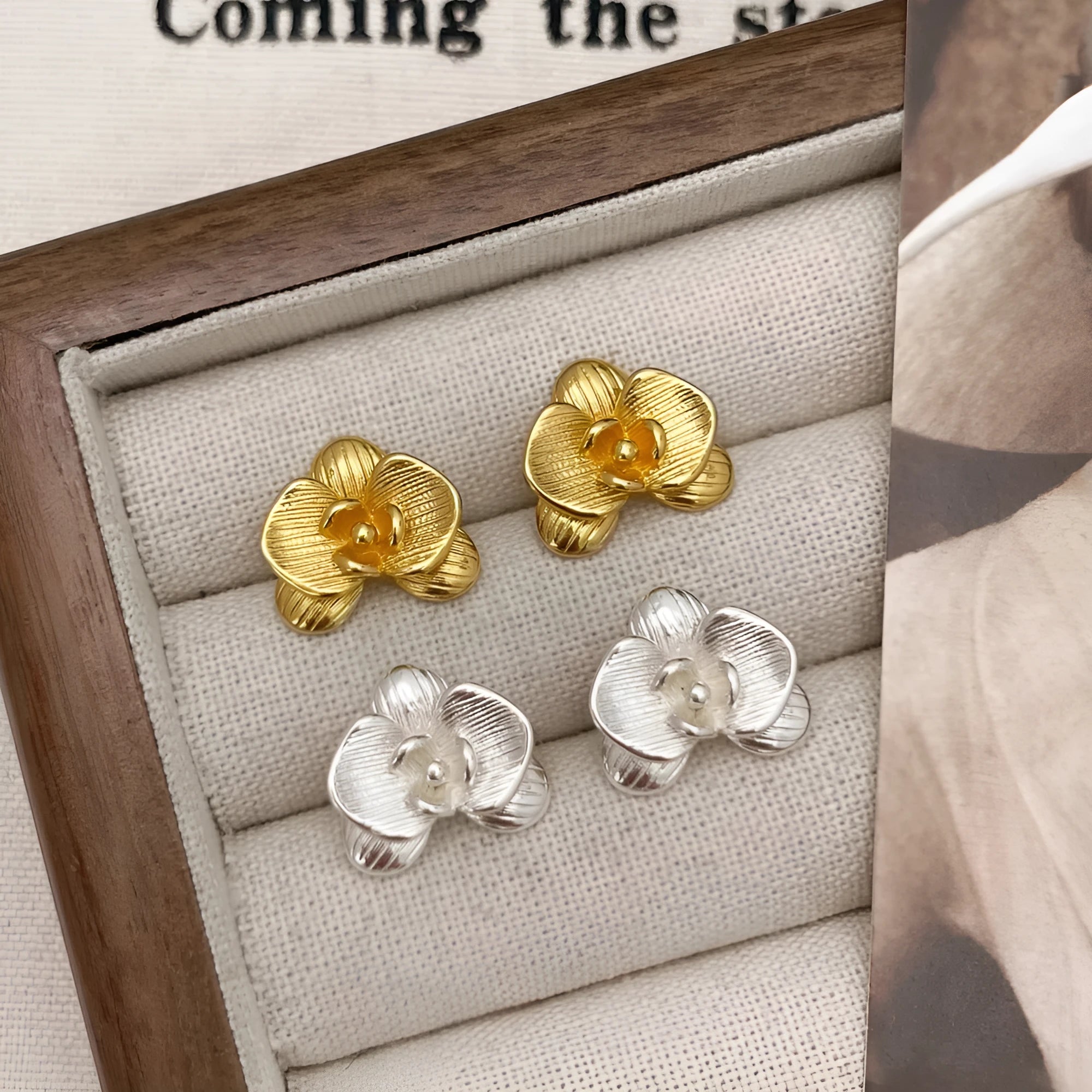 Retro flower earrings with petal detailing in gold or silver electroplated finish on copper