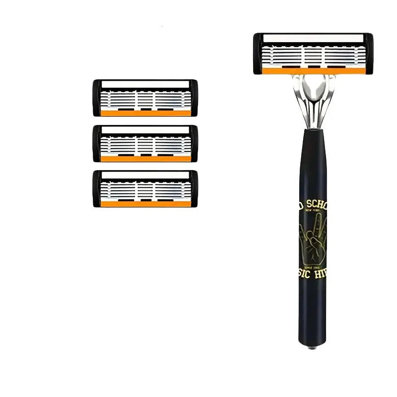 Black manual shaver handle with six-layer finger grip design and multiple blade configurations