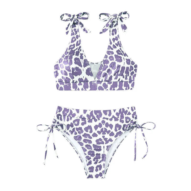 Women's purple leopard print sleeveless suit with lace-up chest top and high-waist shorts