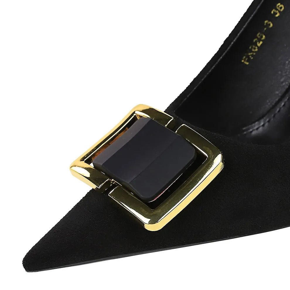 Black suede women's stiletto heels with 9cm heel, pointed toe and shallow mouth opening
