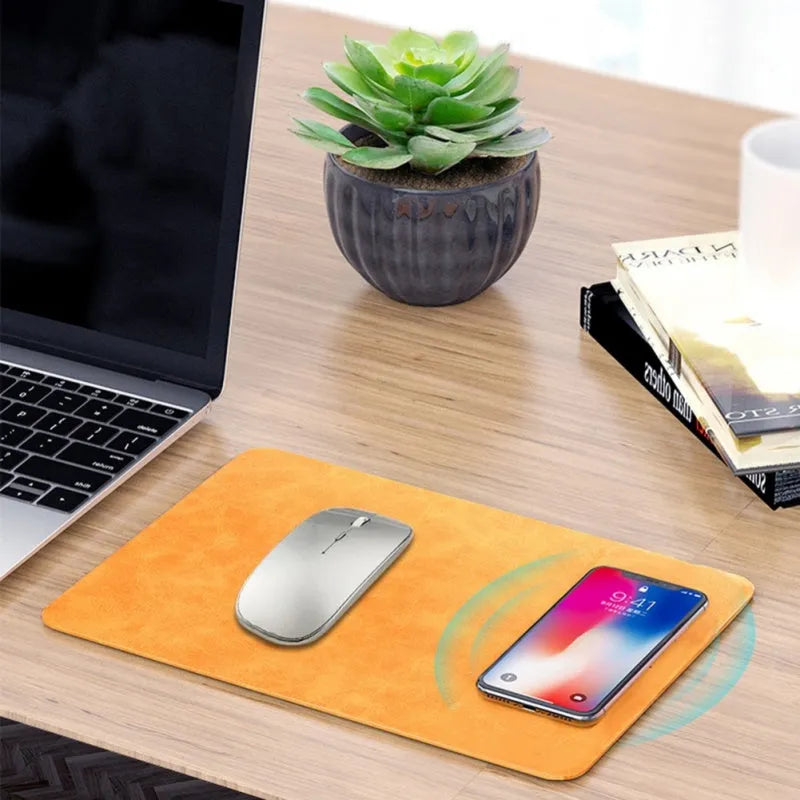 Brown leather wireless charging mouse pad with Micro USB cable