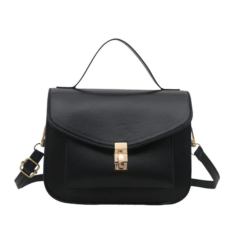 Retro style PU messenger bag in horizontal square format with sandwich pocket and crossbody strap