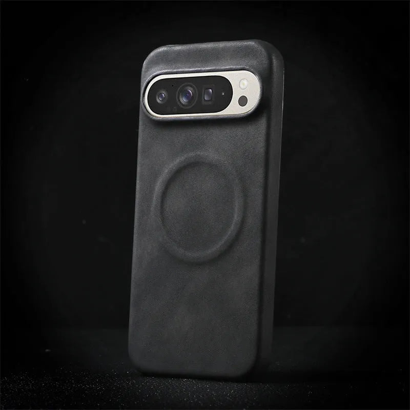 Magnetic lambskin phone case for Google Pixel, anti-fall back cover in black with soft skin feeling finish