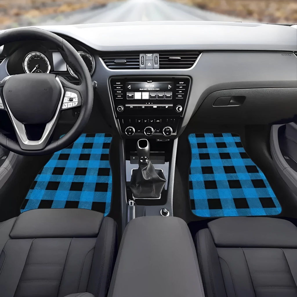 Black printed rubber car foot mat set showing 20mm thickness and waterproof texture for universal vehicle fit