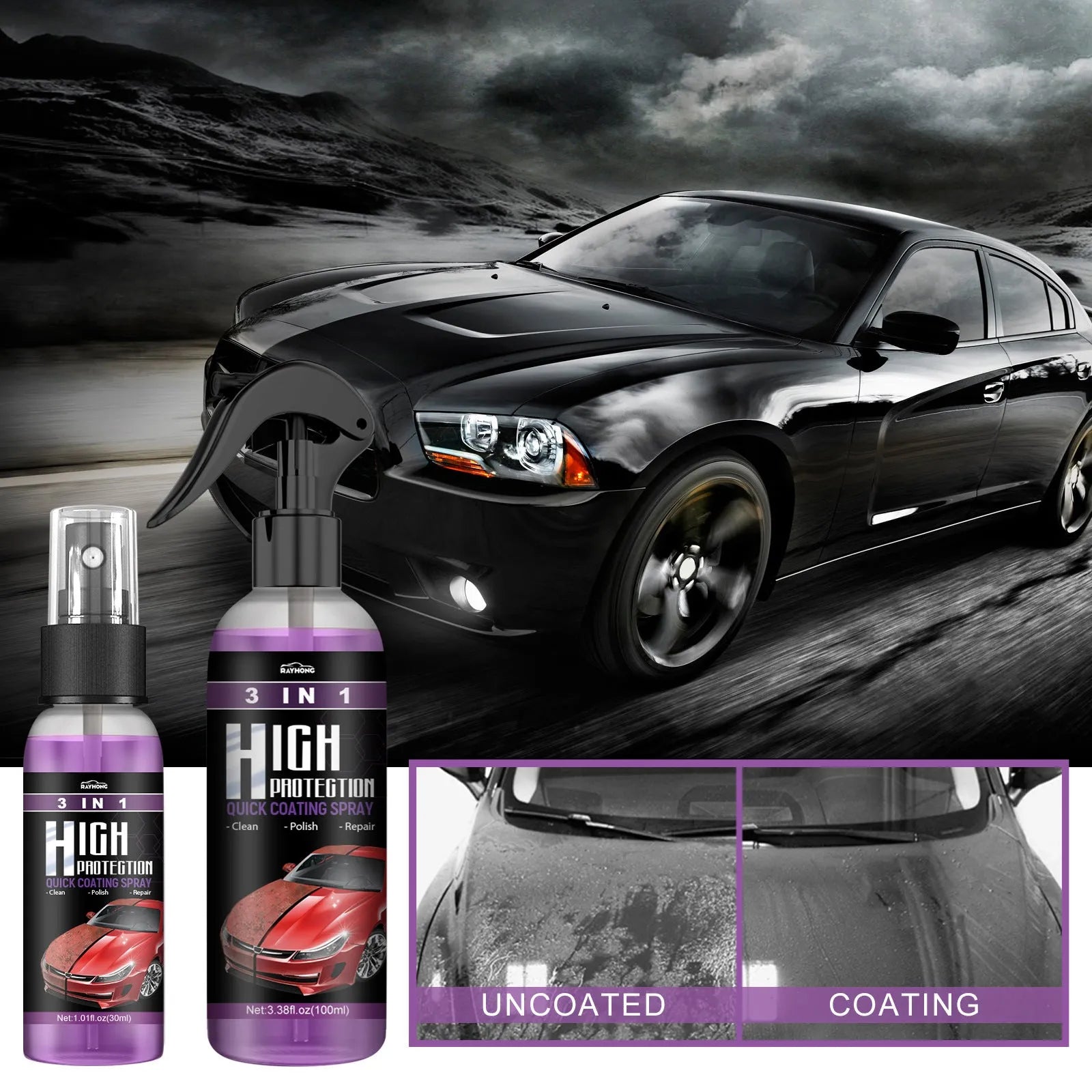 3 In 1 High Protection Fast Car Paint Spray Coating Agent in a PE bottle, 30ml and 100ml sizes