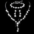 Fashion crystal rhinestone necklace ear stud bracelet ring set, pearl three piece set for women, classic style monochrome finish