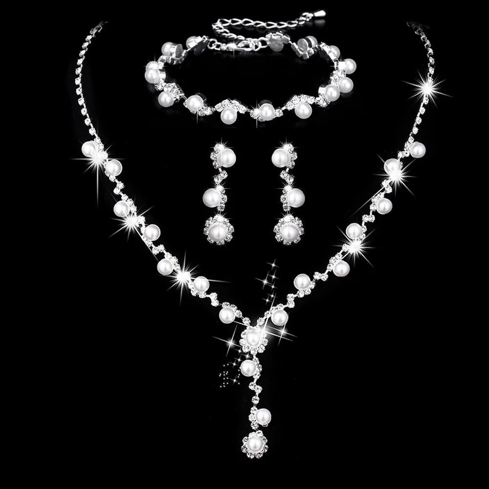 Fashion crystal rhinestone necklace ear stud bracelet ring set, pearl three piece set for women, classic style monochrome finish