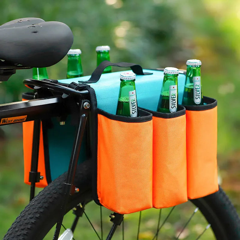 Double-sided black bicycle beverage bag mounted on bike frame showing 2 litre capacity
