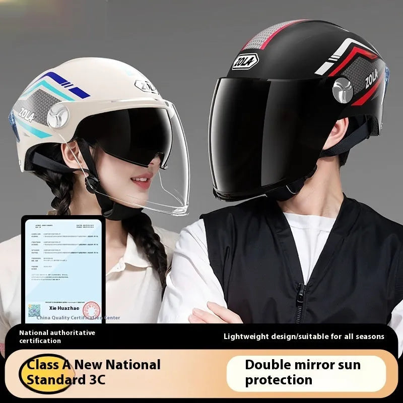 Motorcycle half helmet with double mirror visor in ABS construction, showing universal fit design