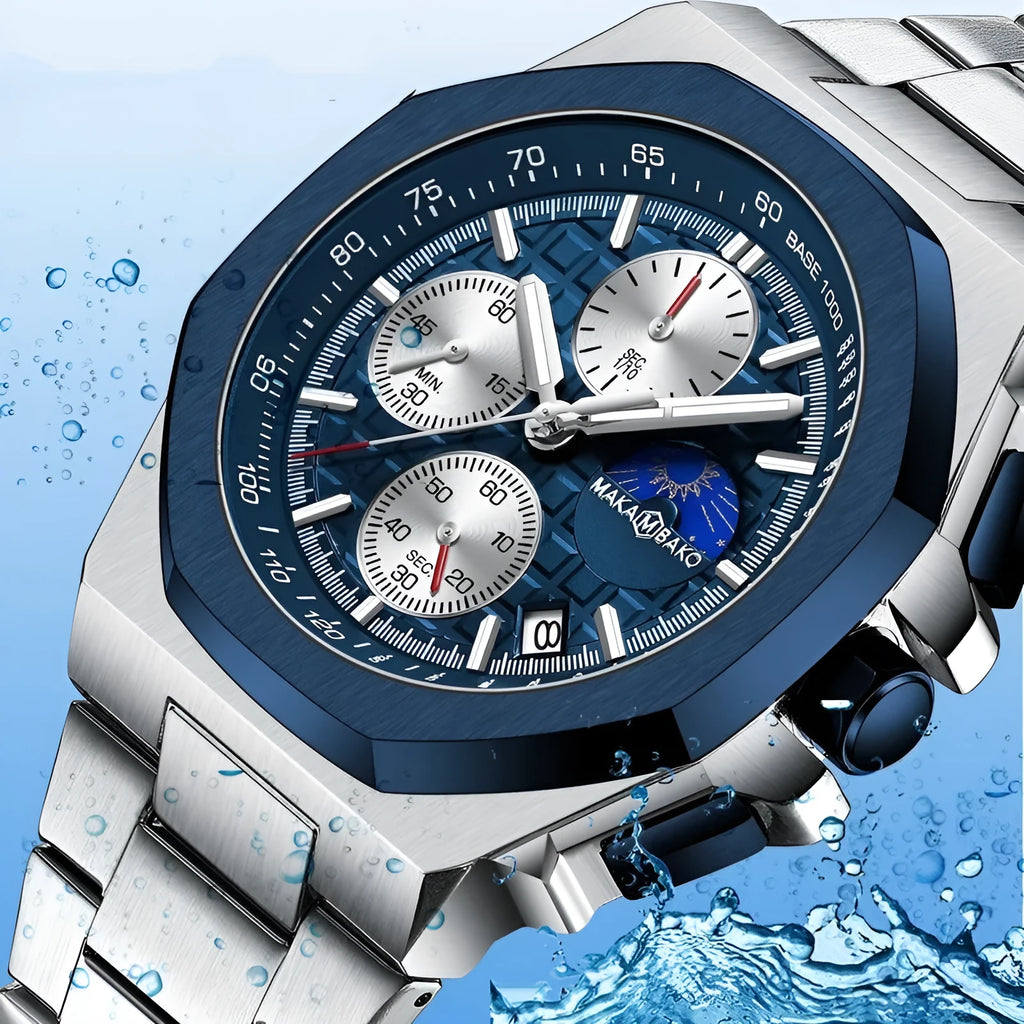 Sun Moon Star multi-function waterproof watch for men quartz mineral glass stainless steel buckle 12mm