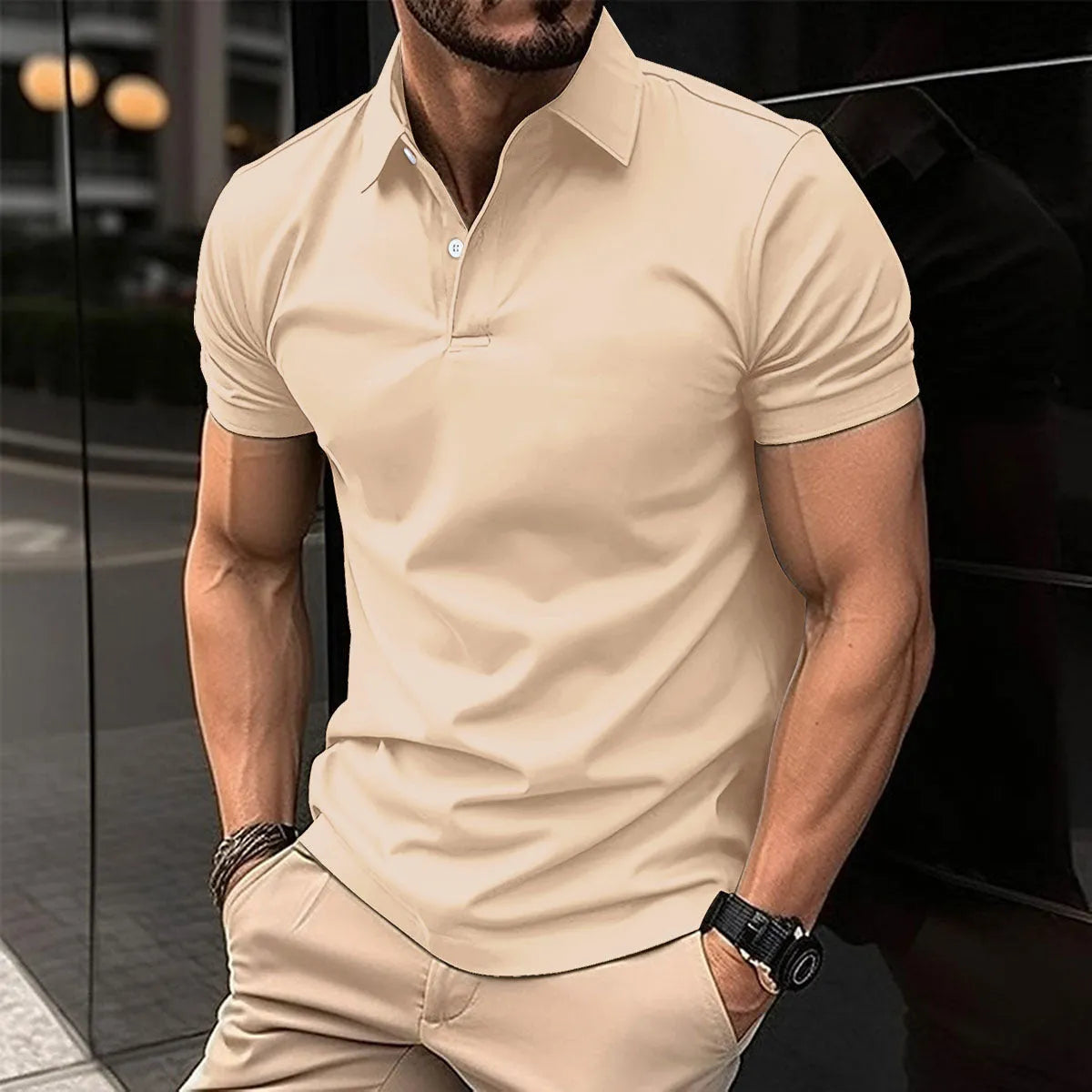 Men's solid colour short sleeve polo shirt with buttoned lapel collar on a hanger.