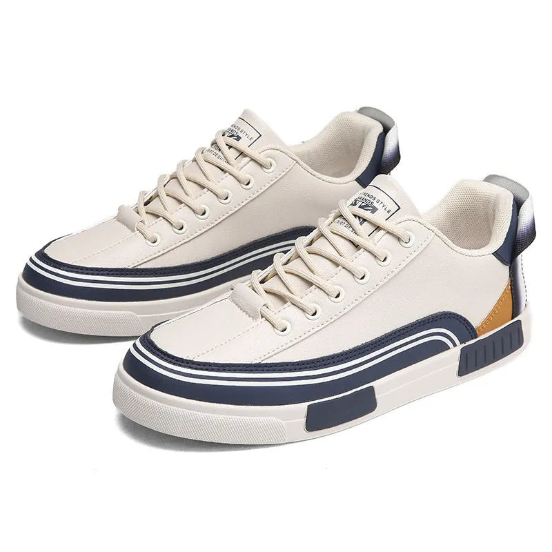 Men's beige and white canvas casual shoes with mesh sections, flat heel and round toe