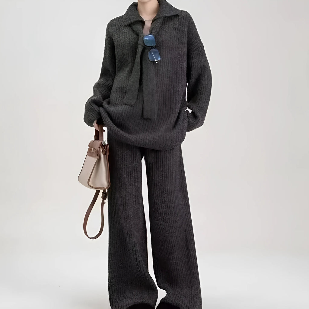 Sweater suit two-piece set in acrylic imitation cashmere fabric with long sleeves and trouser bottoms