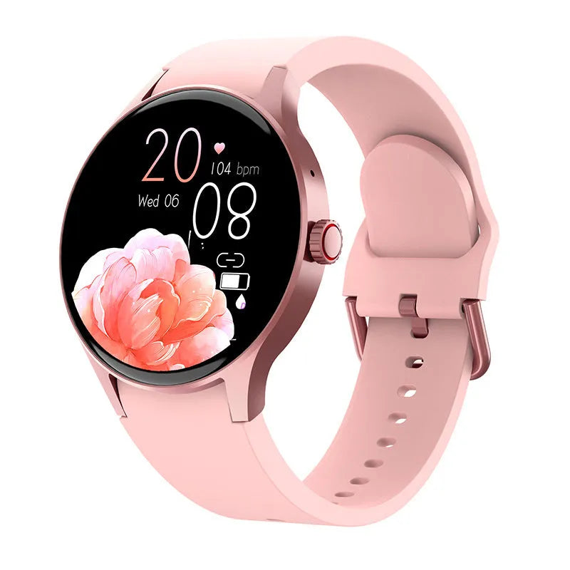 Smart watch with circular AMOLED screen showing health stats, on a black silicone wristband.