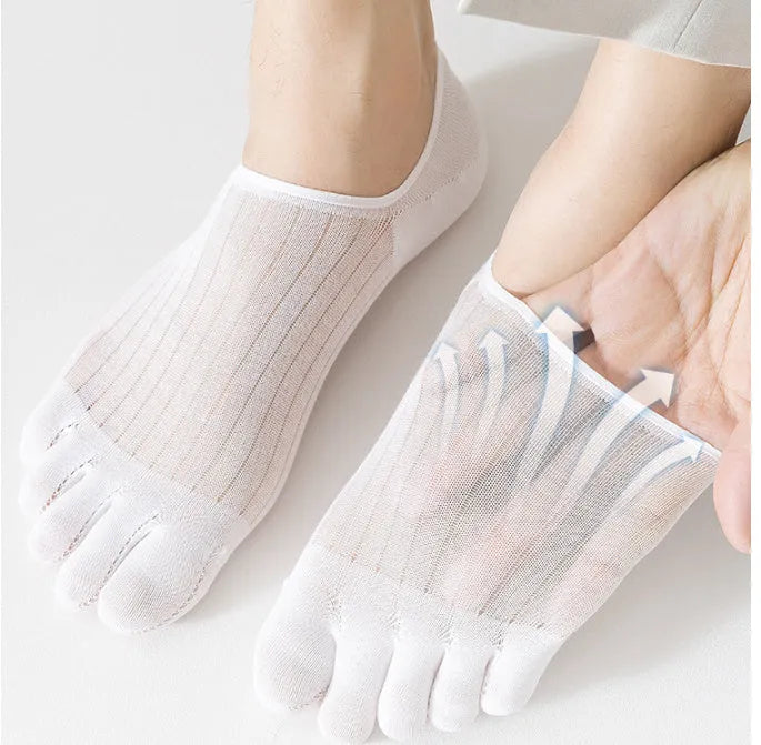 Modal five-finger boat socks in black, shown on a foot with invisible no-show style.