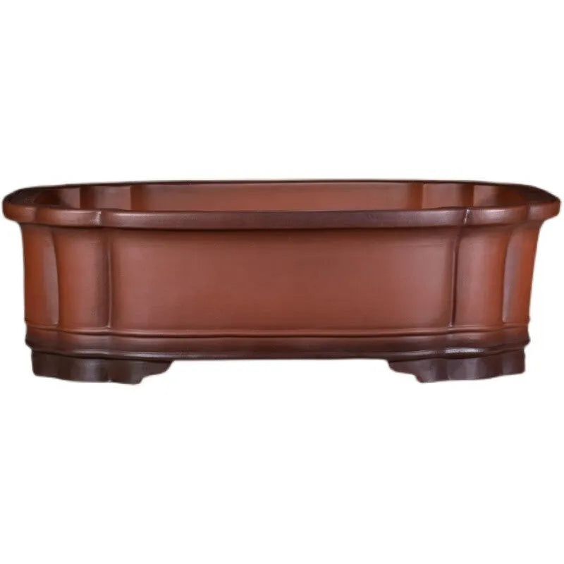 Large Chinese-style purple clay flowerpot with antique finish showing dimensions