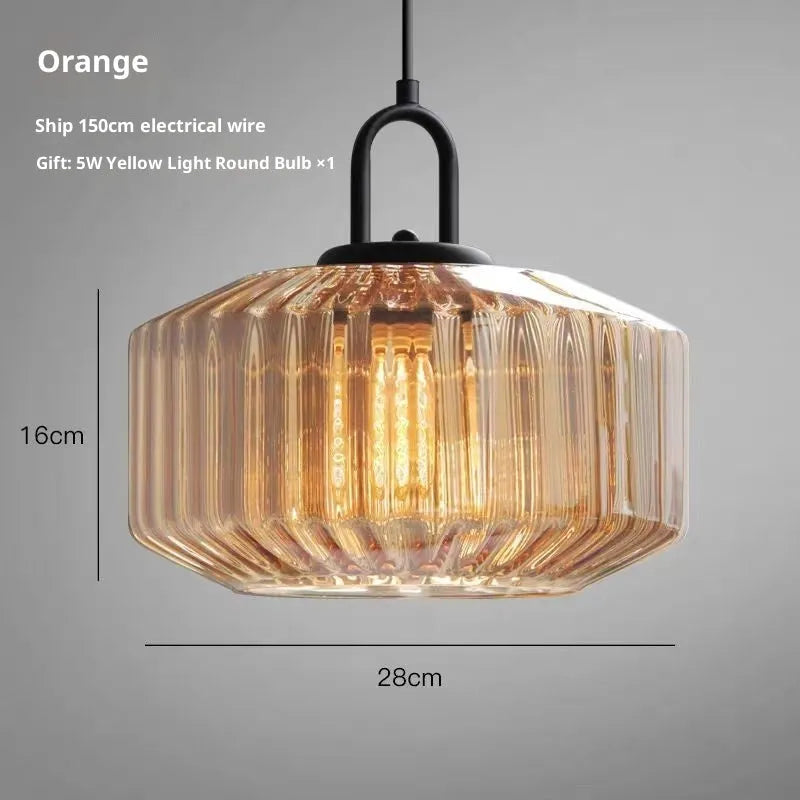 High grade stained glass chandelier in modern simplicity style on ceiling, showing warm light through coloured glass panels