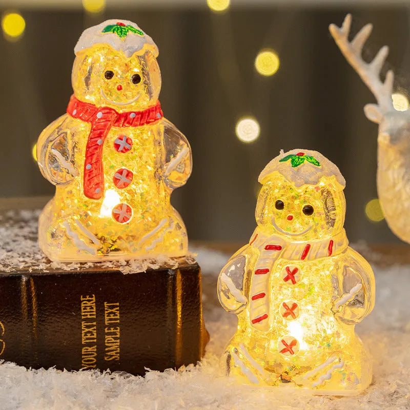 Glowing gingerbread man Christmas ornament with snowman design in four scarf colour options