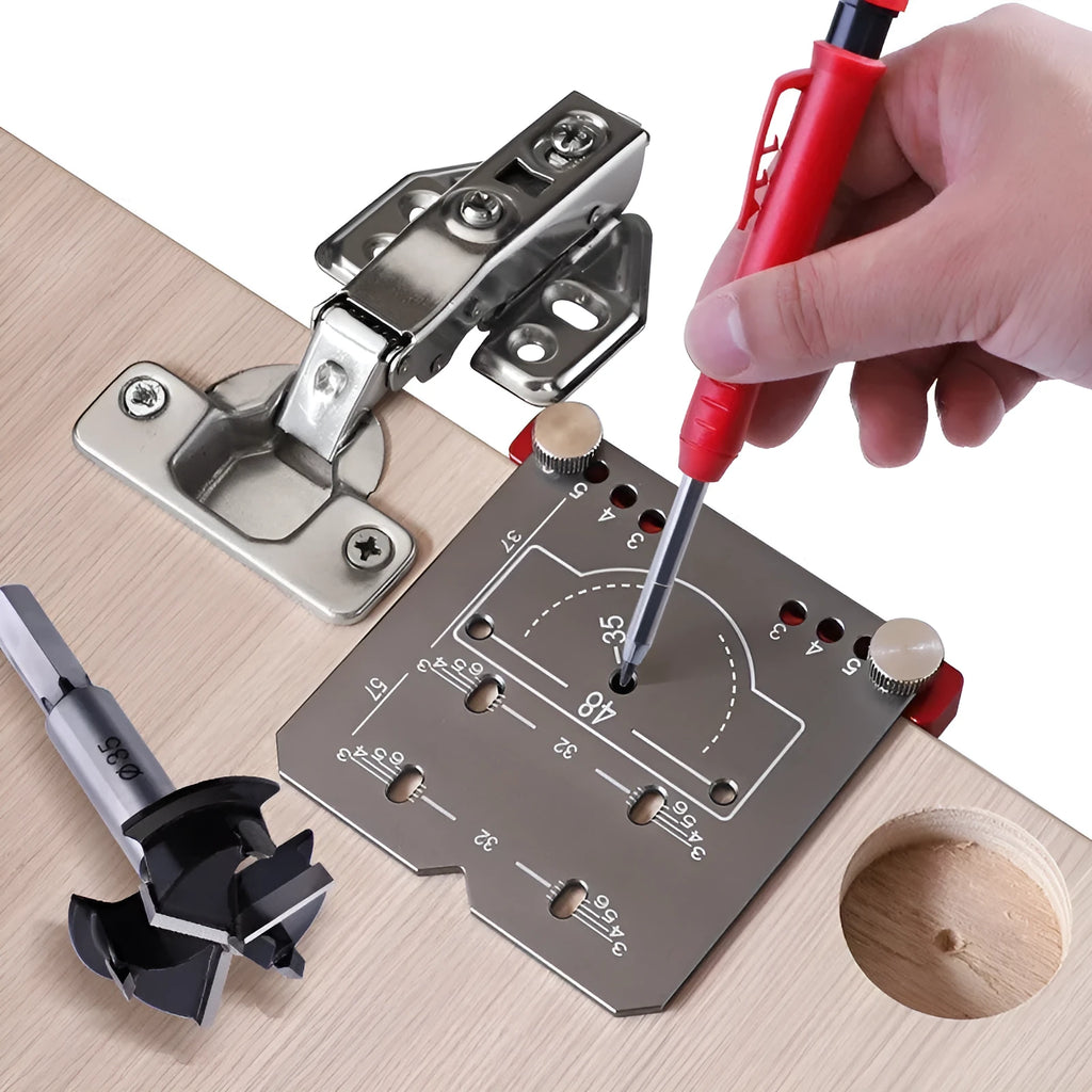 Red aluminium hinge locating tool with adjustable margin settings for 35mm cabinet door hinges