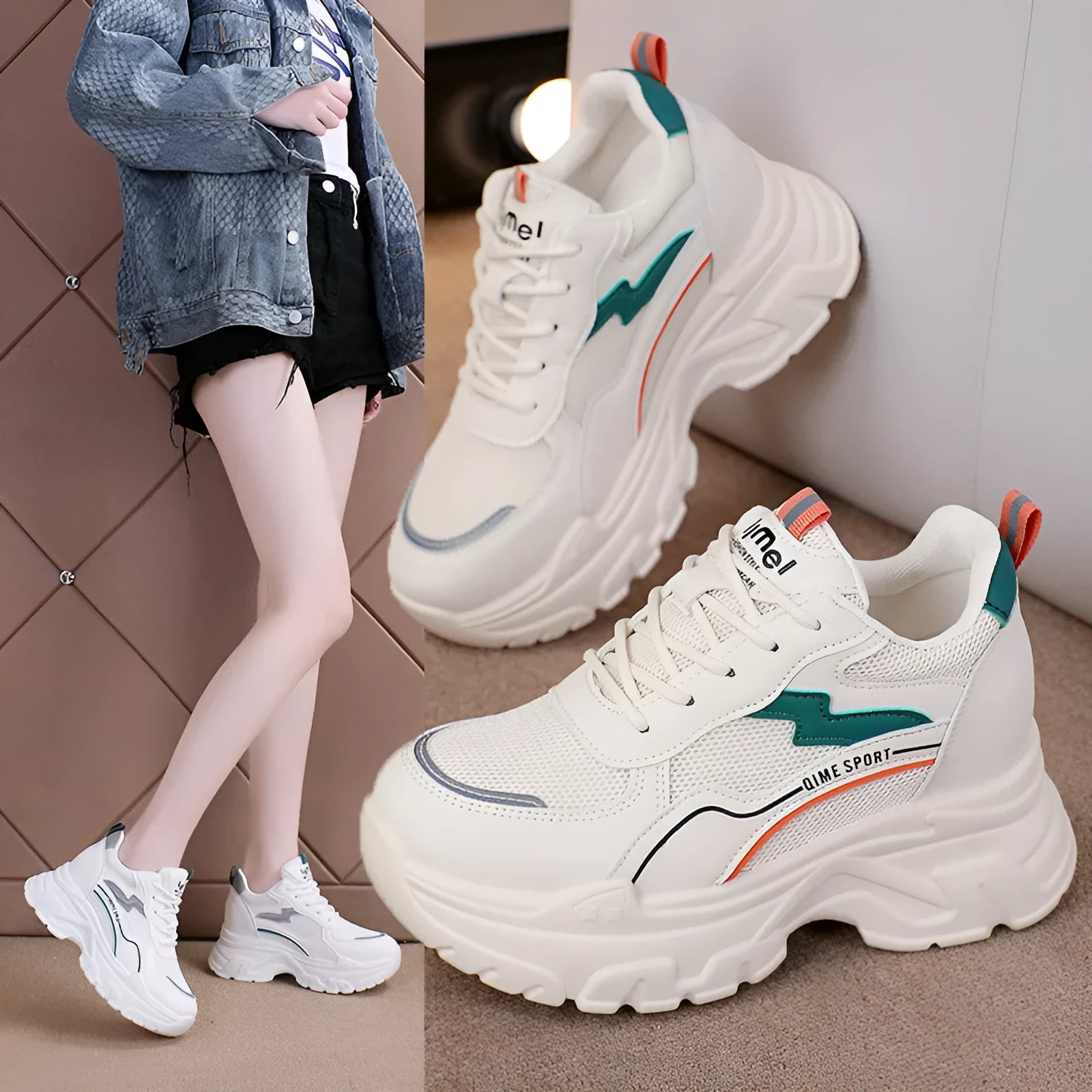 Women's beige and white height increasing dad shoes with mesh upper and cross shoulder straps.