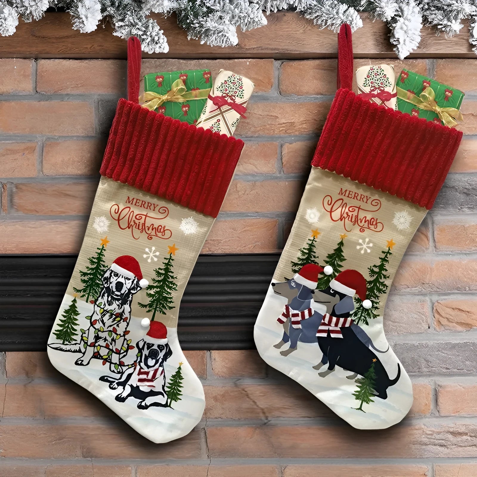 Cloth Christmas tree ornament gift bag measuring 46x28cm with hanging pendant for pet socks storage